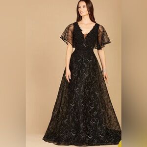 LARA 29302 - CAPE SLEEVE BEADED GOWN IN BLACK